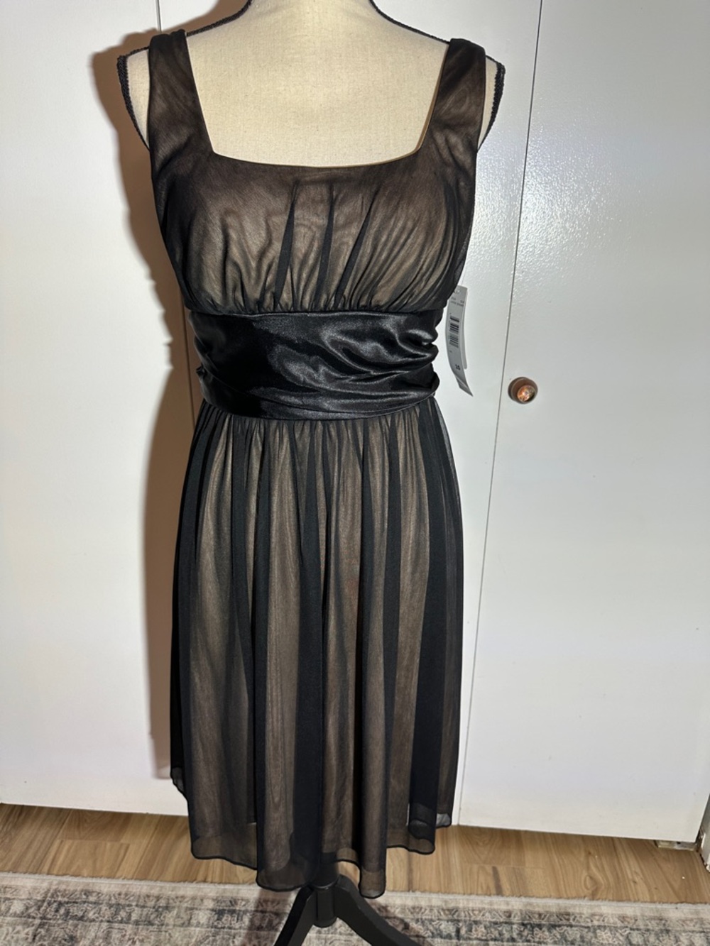 Onyx Black Sleeveless Chiffon Midi Dress with Satin Waistband